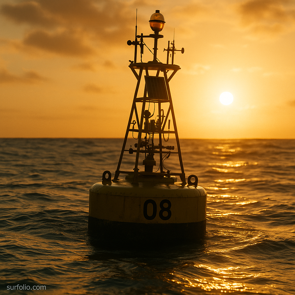 Ocean buoy floating at sunset collecting wave and weather data for surfers.