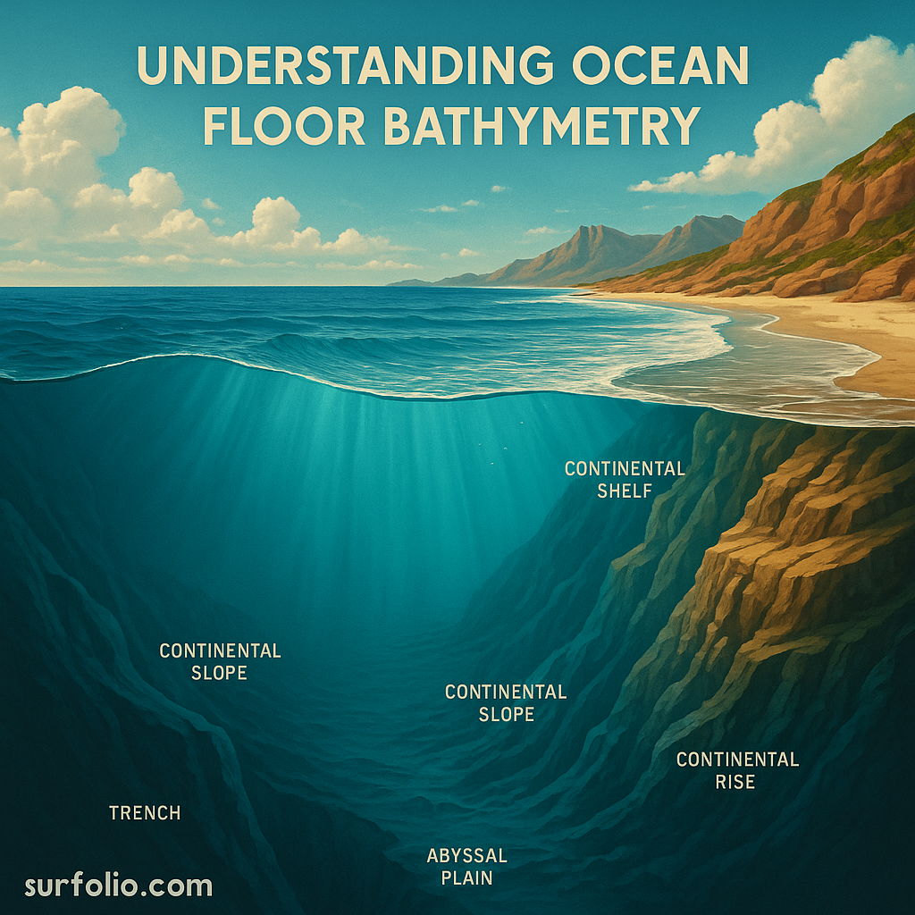 Educational diagram illustrating ocean floor bathymetry with labeled features such as continental shelf, slope, rise, trench, and abyssal plain.