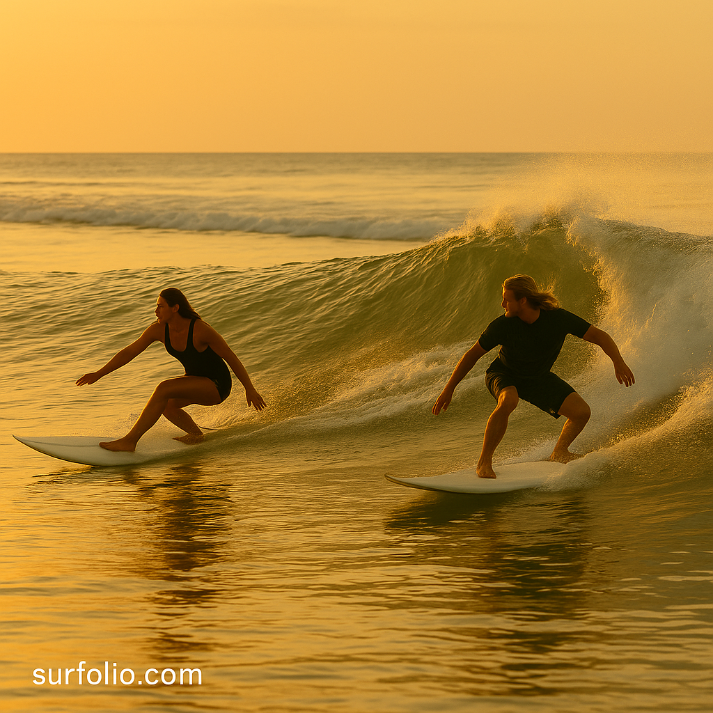 Two surfers ride the same wave in opposite directions under golden sunrise light.