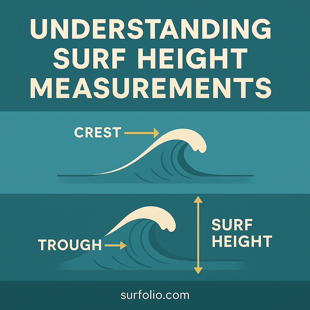 Infographic illustrating how surf height is measured, comparing face height, Hawaiian scale, and buoy data with labeled wave diagrams.