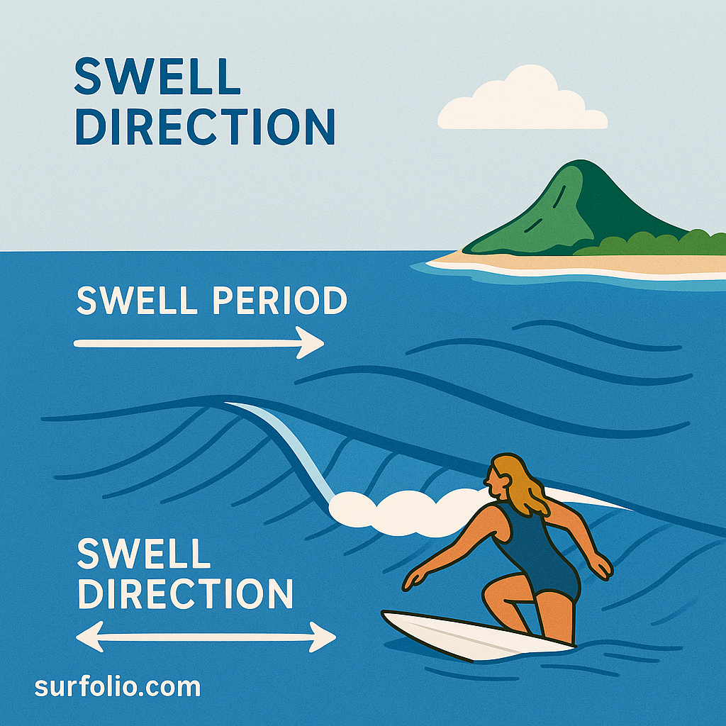 Diagram showing ocean swells approaching an island with arrows marking direction and labeled wave spacing for swell period.