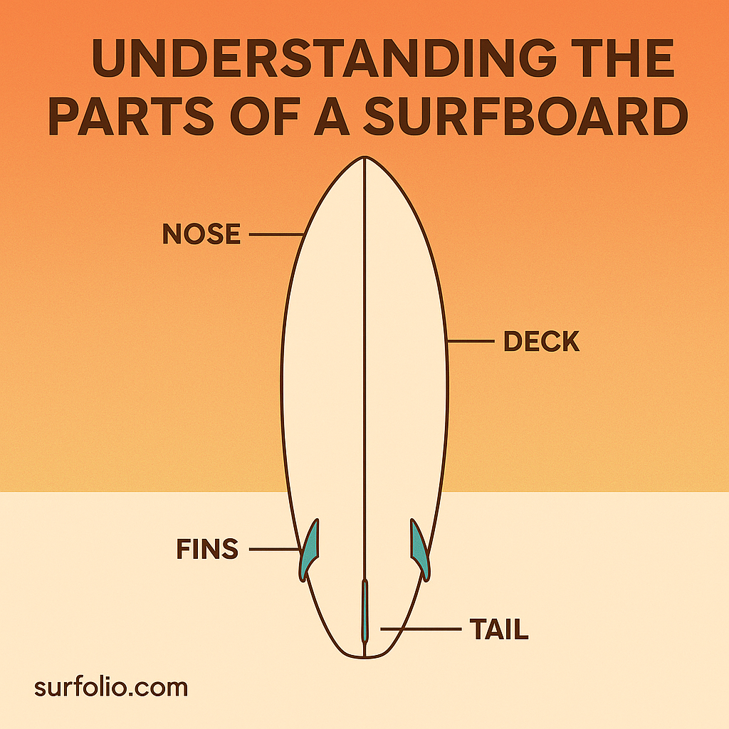 Diagram showing labeled parts of a surfboard including the nose, tail, rails, deck, and fins.