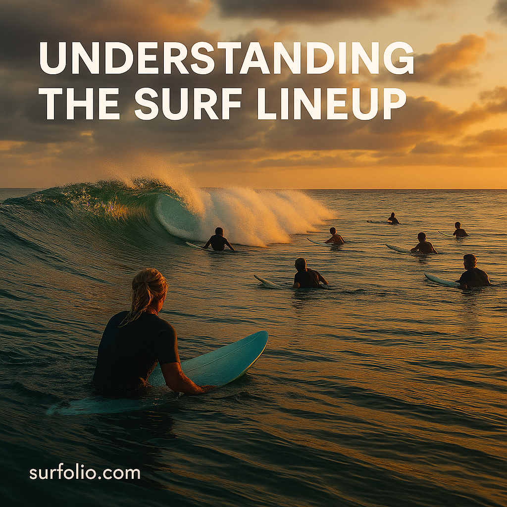 Surfers sitting in the lineup at sunset, facing the horizon and waiting for incoming waves.