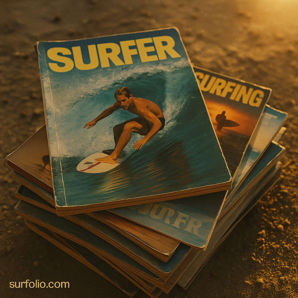 Vintage surf magazines stacked on a wooden table under warm sunlight.