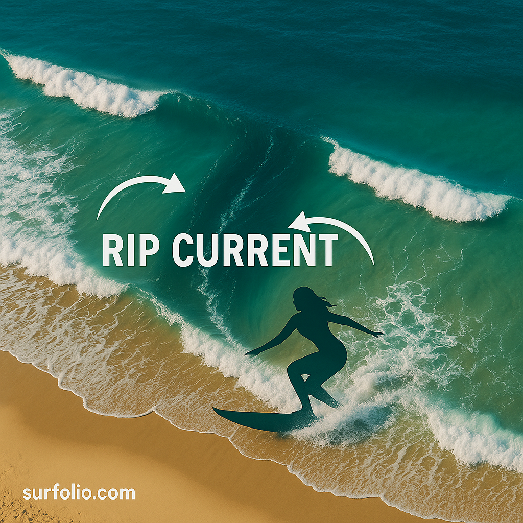 Overhead view of a beach showing rip current flow paths between breaking waves.