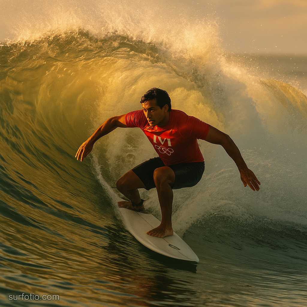 Olympic surfer riding a wave under golden sunlight during competition.